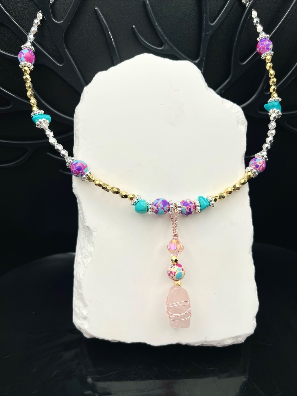 Handmade Turquoise & Polymer Clay beaded  Necklace with Rose Quartz Pendant